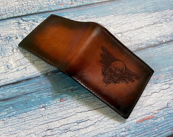 Skull Art Leather Wallet, Custom Engraved Gift for Men