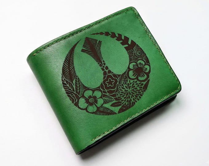 Custom Engraved Leather Wallet, Jedi Floral Logo, Star Wars Gift