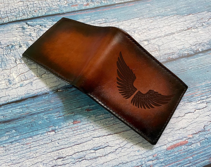Custom Leather Wallet, Angel Wing Drawing, Personalized Gift
