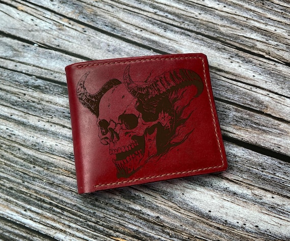 Satan Skull Engrave Leather Wallet, Customized Horror Gift