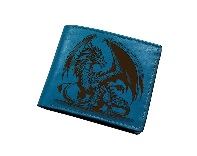 Customized Handmade Leather Bifold Wallet, Dragon Engraved