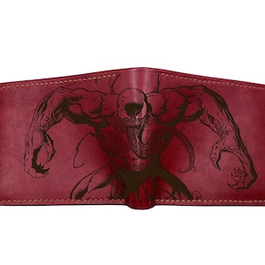 Cartera de cuero de Venom Carnage, cartera para identificación, cartera clásica para papá, cartera de antihéroes, ideas de regalos de cuero de superhéroes, regalo genial de Navidad.