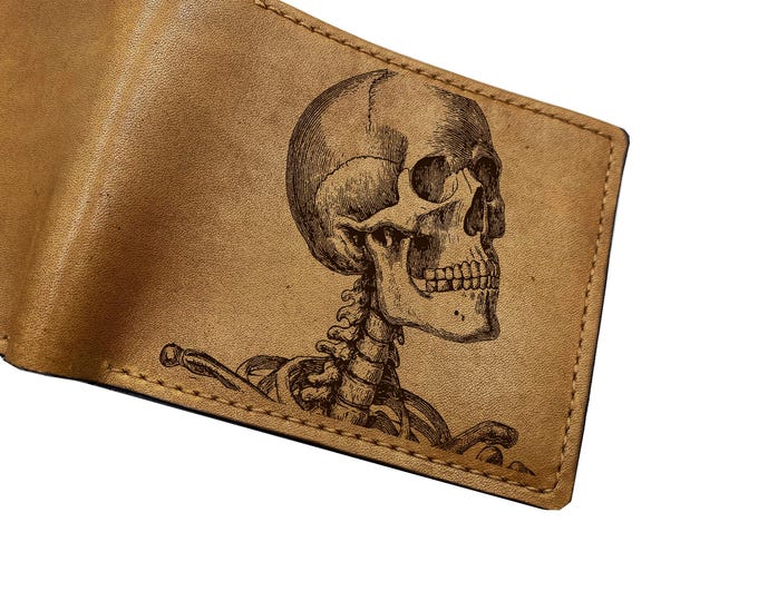 Human skull skeleton leather handmade wallet, Anatomy art gift, personalized present for him
