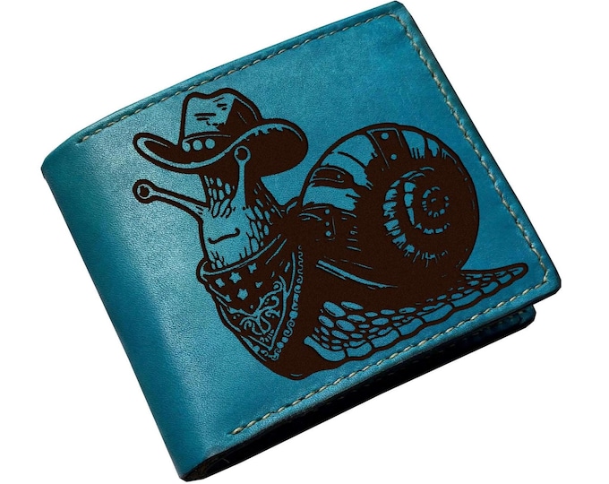 Handmade Leather Wallet, Engraved Snail Cowboy Design, Gift for Kid