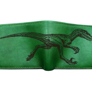 Portefeuille pour homme en cuir de dinosaure Velociraptor bleu, idées cadeaux prénom personnalisé pour homme, portefeuille art dinosaure jurassique, portefeuille cool pour lui