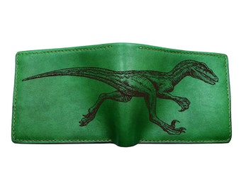 Blue velociraptor dinosaur leather men's wallet, custom name gift ideas for men, Jurassic dinosaur art wallet, cool wallet for him