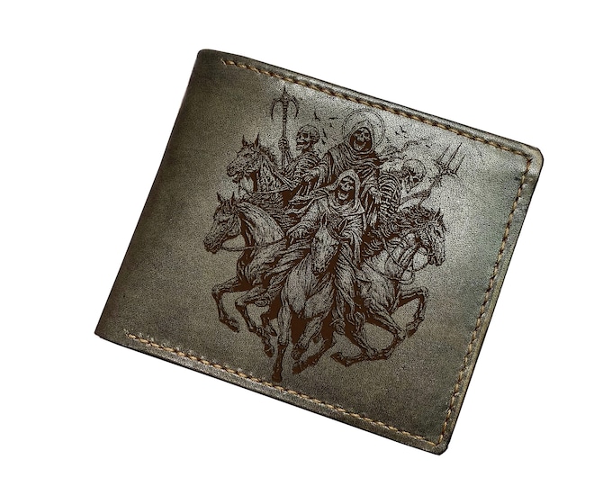 Handmade Leather Wallet, Death Reaper Engraving, Custom Cowhide
