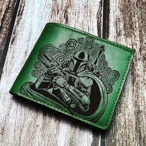 Cartera de cuero de Star Wars para hombre, billetera plegable personalizada, billetera con arte de cazarrecompensas mandaloriano, regalo de cumpleaños para novio, esposo, padre