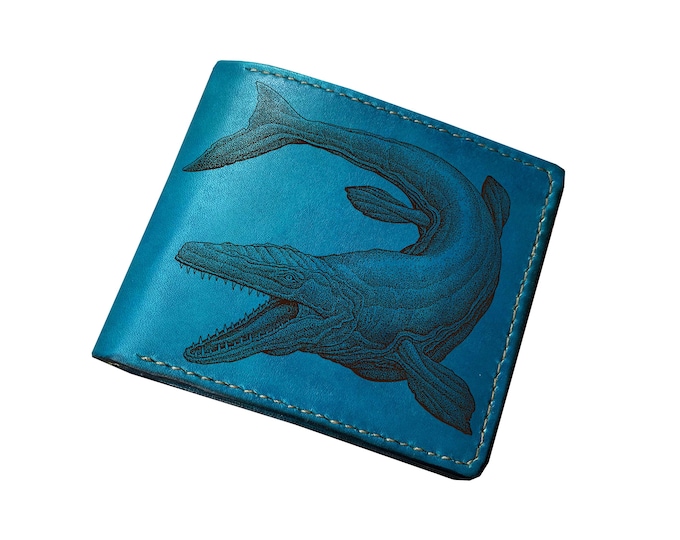 Handmade Mosasaurus Leather Bifold Wallet, Dinosaur Gift