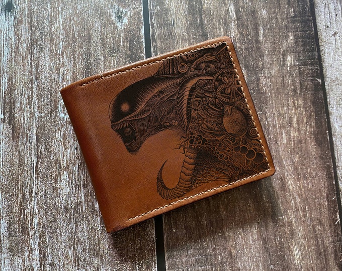 Engraved Alien Leather Wallet, Horror Monster Gift