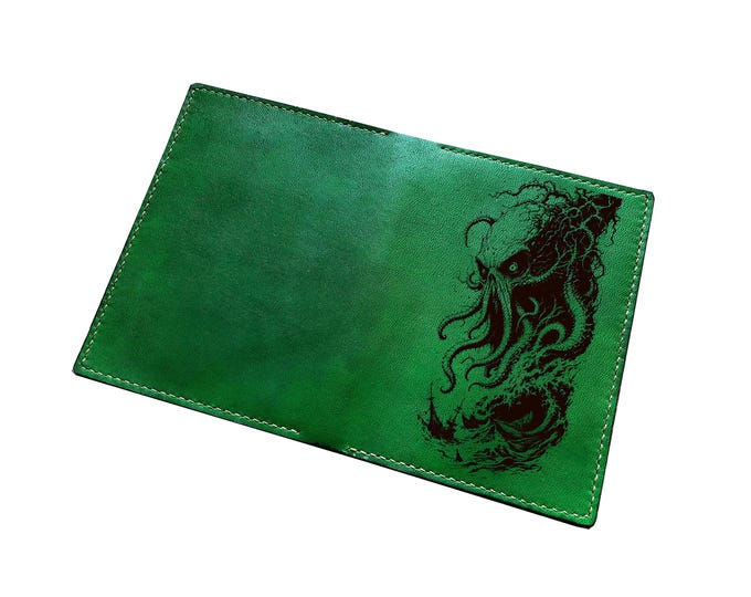 Cthulhu monster leather handmade passport wallet, custom travel gifts, horror travel case