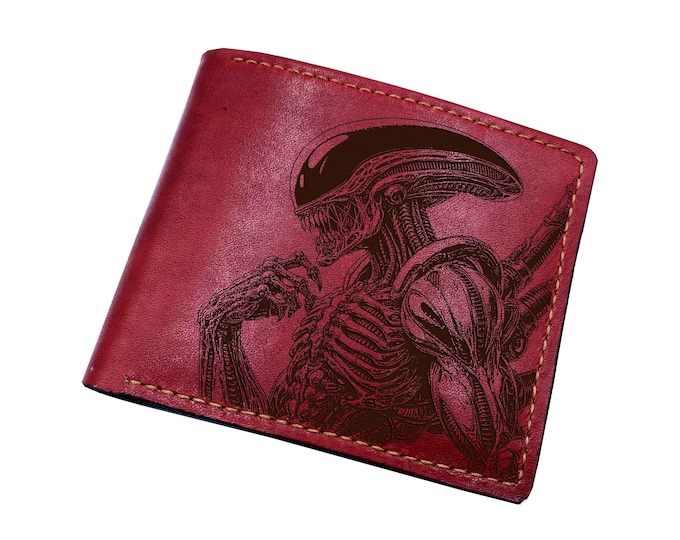 Custom Alien Xenomorph Engraved Leather Wallet, Gift for Him