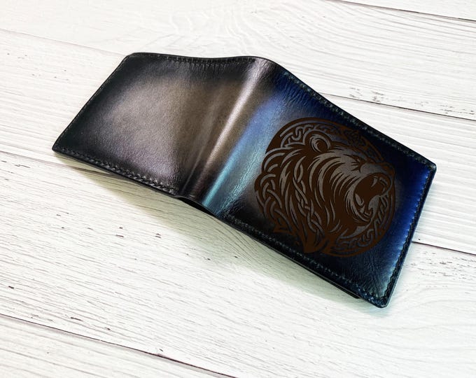 Handmade Leather Wallet, Celtic Bear Art, Personalized Gift
