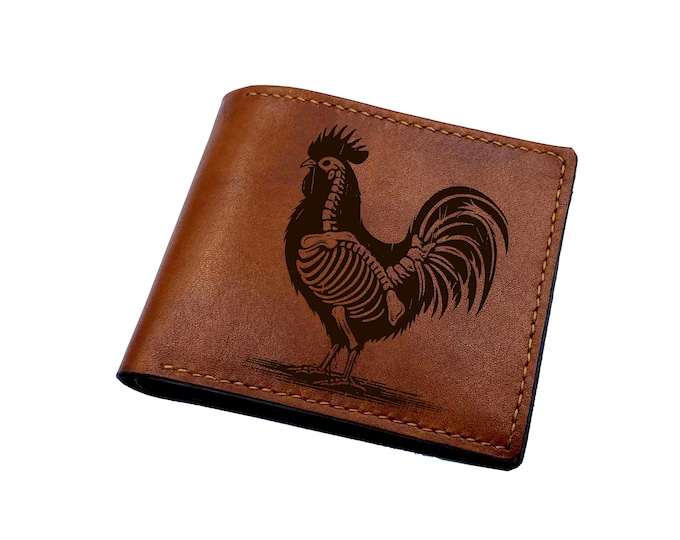Rooster genuine leather handmade wallet, Xray animal gift, Farm style wallet for dad
