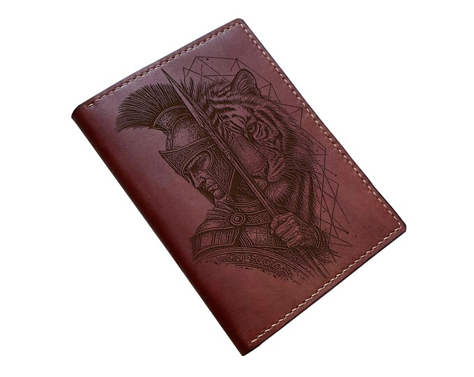 Ancient Greek Warrior wallet, Tiger face engrave travel gift, custom passport wallet - 240726