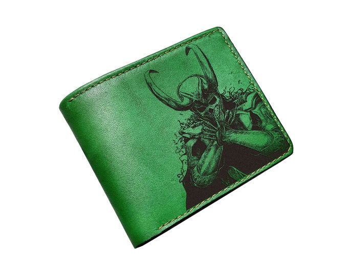 Custom Loki Art Leather Wallet, Engraved Villain Wallet