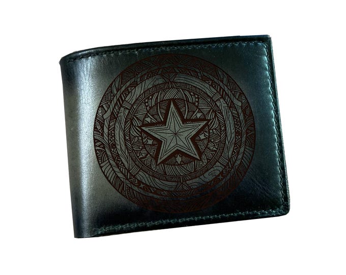 Handmade Captain America Shield Leather Wallet, Engraved Anniversary Gift