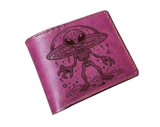 Engraved Alien UFO Leather Wallet, Custom Bifold