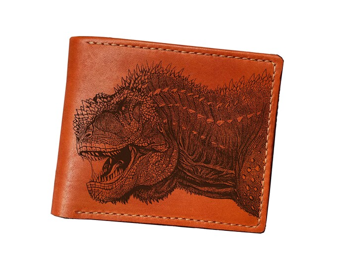 Engraved Dinosaur Leather Bifold Wallet, Handmade Cowhide