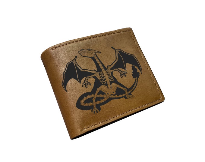 Custom Engraved Leather Wallet, Charizard Skeleton Art