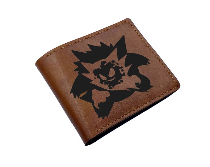 Engraved Leather Pokemon Wallet, Ghost Evolution Art, Gift for Him