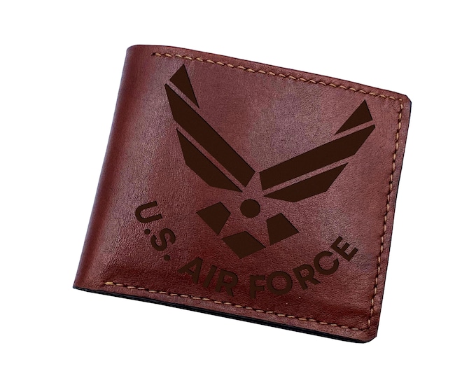US Air Force Leather Wallet, Handmade Bifold, Custom Engraved
