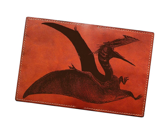 Engraved Leather Dinosaur Passport Wallet: Pterosaurs Travel Case
