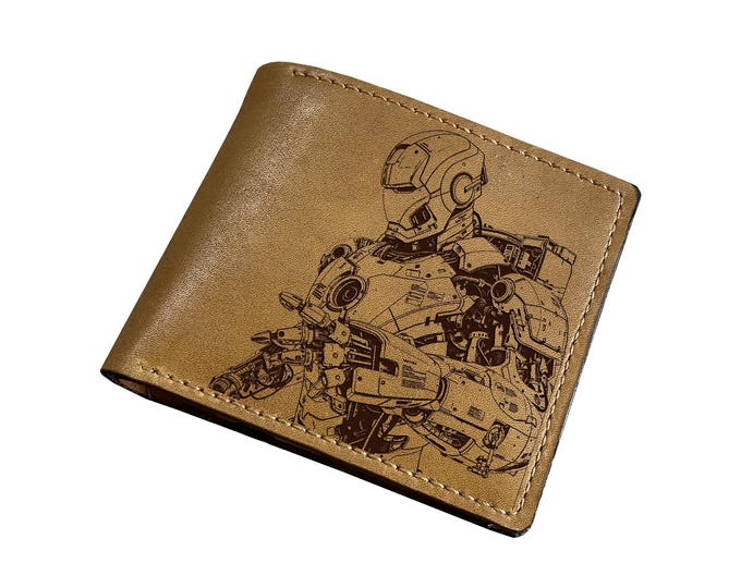 Handmade Leather Ironman Wallet, Laser Engraved Marvel Bifold