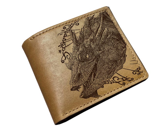 Engraved Smaug Dragon Leather Wallet, LOTR Hobbit Gift