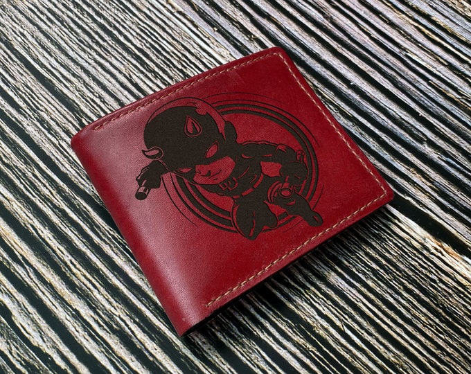 Engraved Superheroes Leather Bifold Wallet, Customized Gift