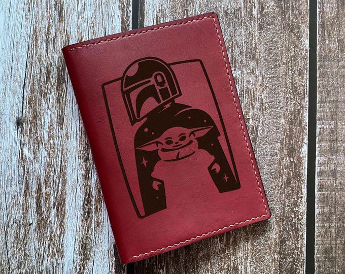 Handmade Mandalorian Baby Yoda Leather Passport Wallet, Star Wars Gift