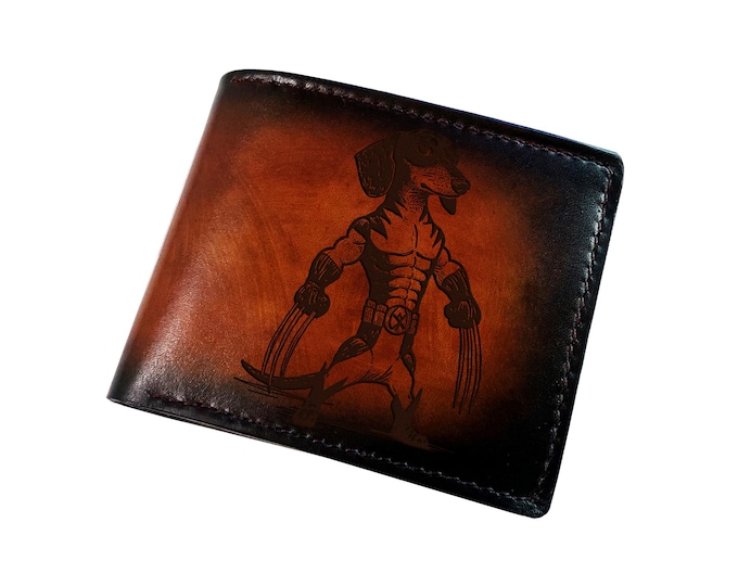 Engraved Leather Dog Superhero Wallet, Personalized Gift