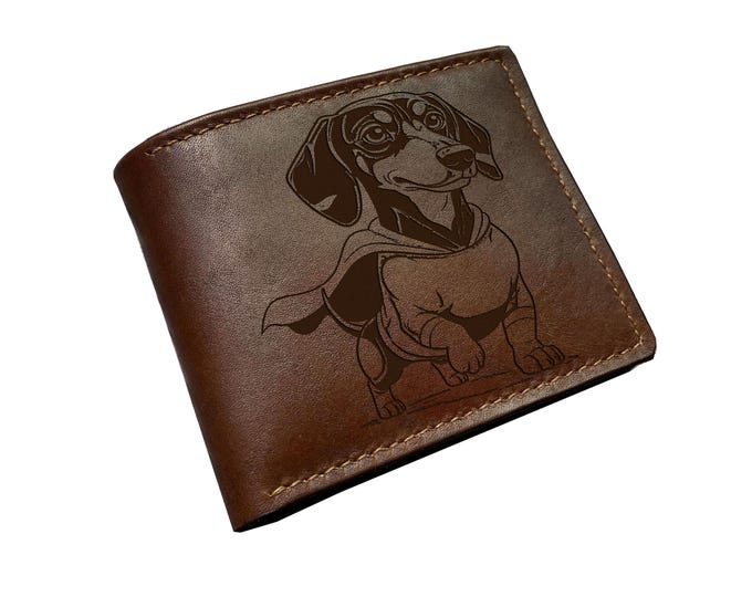 Handmade Leather Dog Superhero Wallet, Engraved Cowhide Bifold