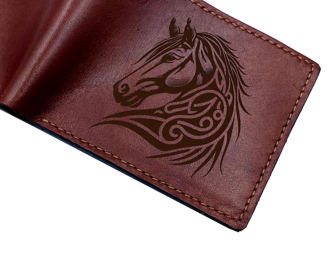 Floral Horse Art Leather Wallet - Custom Engraved Gift