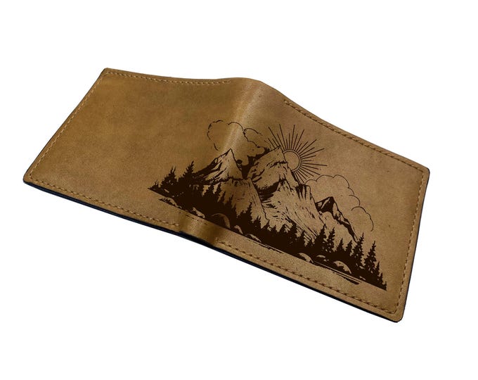 Mountain landscape pattern leather handmade wallet, custom nature style wallet, gift for dad