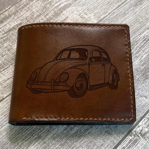 Beetle car engrave leather wallet, Brown car wallet, custom automotive leather gift for boy, Beetle cute car wallet, gift for him