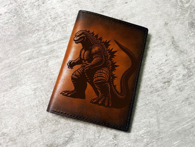 Godzilla leather passport wallet, custom monsters king leather wallet, Godzilla travel wallet, Monstersverse leather gifts, gift for him