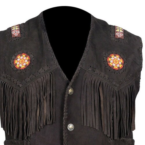 Old Style Western Wear Handmade Cowhide Suede Vest With Fringes shops Beads Bones & Braid Waistcoat For Men