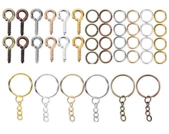 Flache Schlüsselanhänger Ringe mit Kette Schraube Öse Pins - Gold Silber Kupfer Bronze - Split Keychain Schlüsselanhänger Schmuckherstellung Handwerk DIY Rund 25 mm