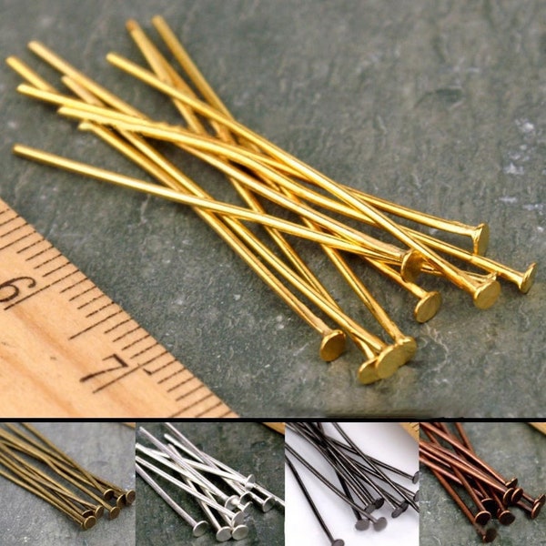 100 Flat Head Pins - Silver, Gold, Antique Silver, Antique Bronze, Black Gunmetal, Red Copper - 0.8 mm 60 mm 70 mm