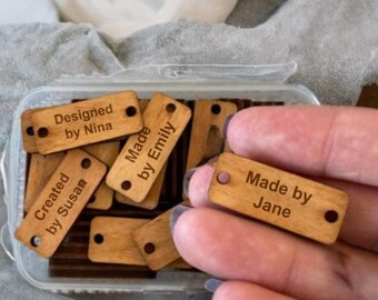 Custom Wooden Tags for Handmade Items - Personalized Wooden Labels for Knitting - Handmade Engraved Wood Tags - Logo Brand Labels Sewing