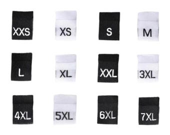 100 etiquetas de tallas para ropa blancas y negras - Etiquetas tejidas - Etiquetas de tallas para camisetas - Etiquetas dobladas - F XS S M L XL XXL 3XL 4XL 5XL 6XL 7XL