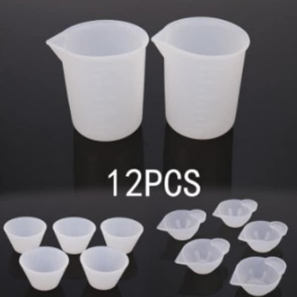 12-pc Silicone Measuring Cup Set / Two 100ml Graduated Mixing Cups / 5  Small Spouted Cups / 5 Mini Size Cups / Flexible Clear Non-toxic 