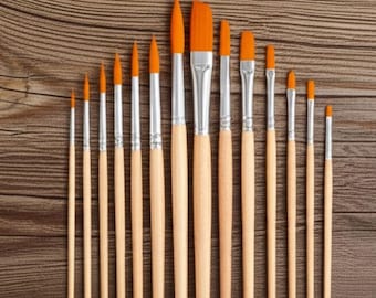 12 Pcs Paint Brushes - Watercolor Brushes - Oil Paint Brushes - Flat Painting Brushes - Wooden Art Artist Supplies - Size 2 4 6 8 10 12