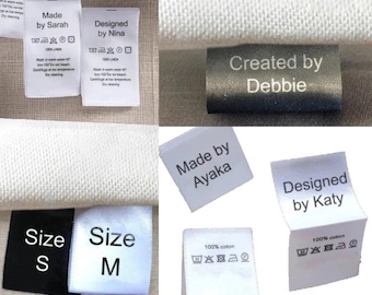 May include: White and black fabric labels with text that reads "Made by Sarah", "Designed by Nina", "Created by Debbie", "Made by Ayaka", "Designed by Katy", "Size S", "Size M", and "100% cotton". The labels have various washing instructions symbols.