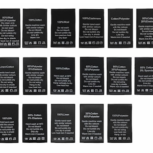 50 Clothing Labels - Washing Instructions Fabric Sew in Sew On Wash Care Labels - 100% Cotton Wool Silk Polyester Elastane Spandex Linen