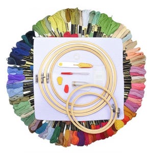 100 Pcs Embroidery Kit for Beginners - Embroidery Thread Set - Full Embroidery Starter Kit - Punch Needles - Floss Set - Hoop Set - Supplies