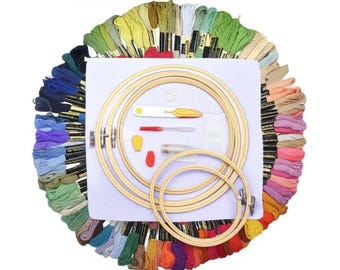 100 Pcs Embroidery Kit for Beginners - Embroidery Thread Set - Full Embroidery Starter Kit - Punch Needles - Floss Set - Hoop Set - Supplies