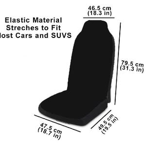May include: Black car seat cover made from elastic material that stretches to fit most cars and SUVs. The cover measures 46.5 cm tall, 47.5 cm wide, and 49.5 cm deep.