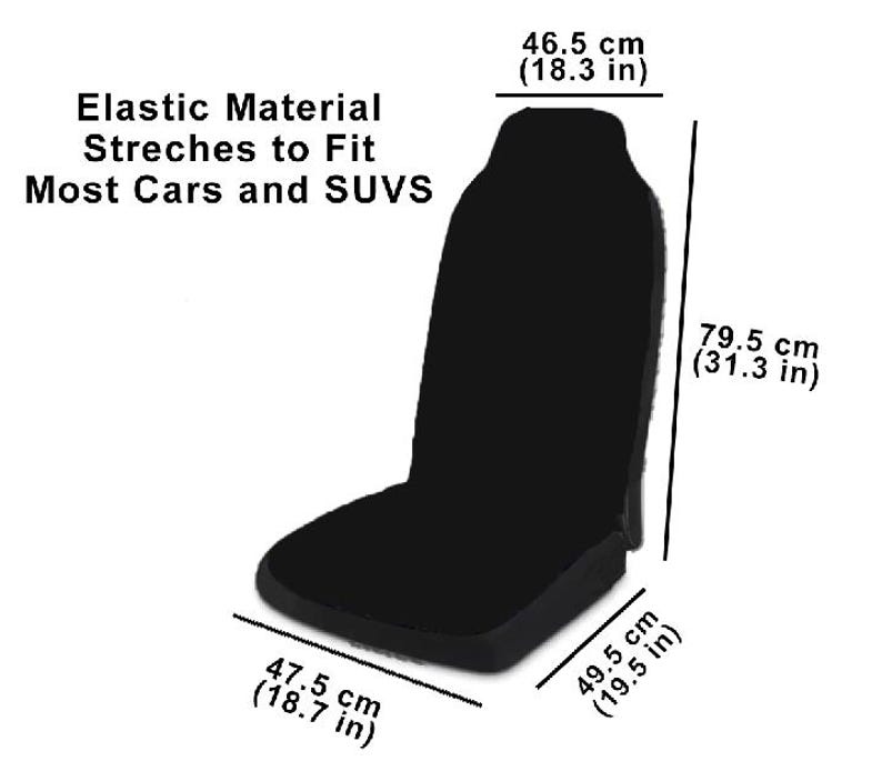 May include: Black car seat cover made from elastic material that stretches to fit most cars and SUVs. The cover measures 46.5 cm tall, 47.5 cm wide, and 49.5 cm deep.